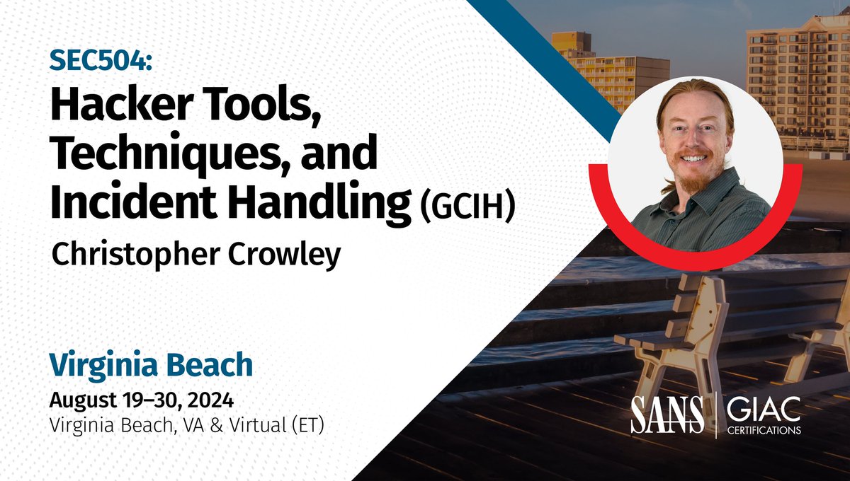 CCrowMontance's tweet photo. Come to Virginia Beach for #SEC504 at the end of August.

I tell a few interesting stories, talk a lot about technical cyber details, and invest effort in your comprehension and career growth! Bonus points for enjoying the experience and beach ⛱️ 

https://t.co/IdwomlX8K7 https://t.co/N8OgdGyCDq
