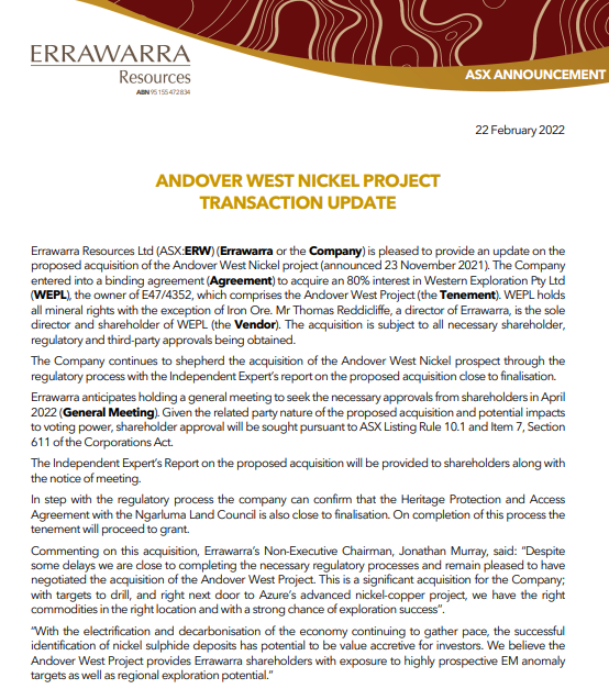 $ERW, which purchased the Andover West project from its Executive Chairman over two years ago for lots of shares and who still owns a 20% interest and was author of today's announcement and the @ASX price query, suddenly discovers a pegmatite swarm but forgets to include any