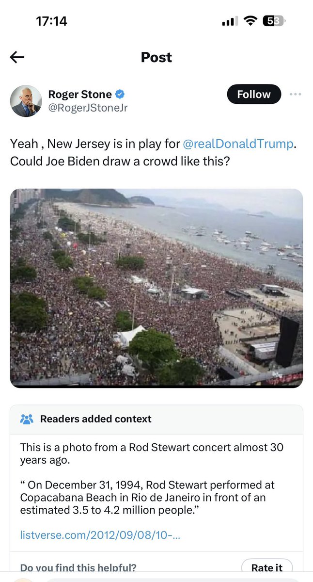 Murdoch rags and RW commentators in the US are trying to bullshit to the world that this is Trumps rally in New Jersey and 100,000 were there. This pic is from 1994 in Rio Deja Nero. It’s a Rod Stewart concert!!!!!!