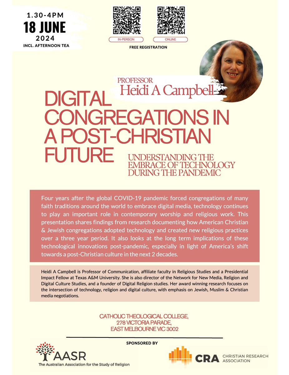 This is happening! Prof. <a href="/heidiacampbell/">Heidi Campbell</a> is coming to Melbourne on 18 June 2024 to speak on her digital religion research. Free registration, hybrid event. <a href="/ausreligion/">Australian Association for the Study of Religion</a> <a href="/TASAReligion/">TASAReligion</a>