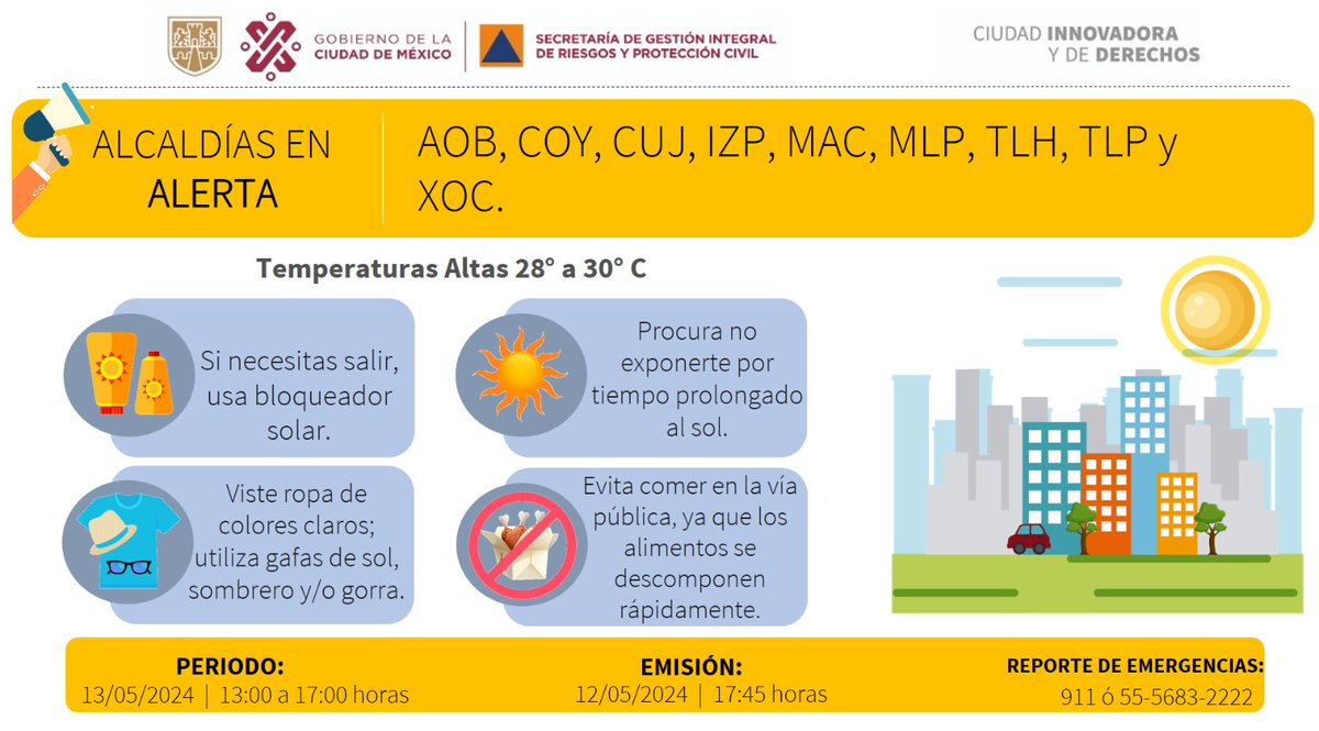 Se activa #AlertaAmarilla por pronóstico de Temperaturas Altas para la tarde del lunes 13/05/2024, en las demarcaciones: @AlcaldiaAO, @Alcaldia_Coy, @AlcCuajimalpa, @Alc_Iztapalapa, @ALaMagdalenaC, @GobMilpaAlta, @TlahuacRenace, @TlalpanAl y @XochimilcoAl. #PronósticoDelTiempo…