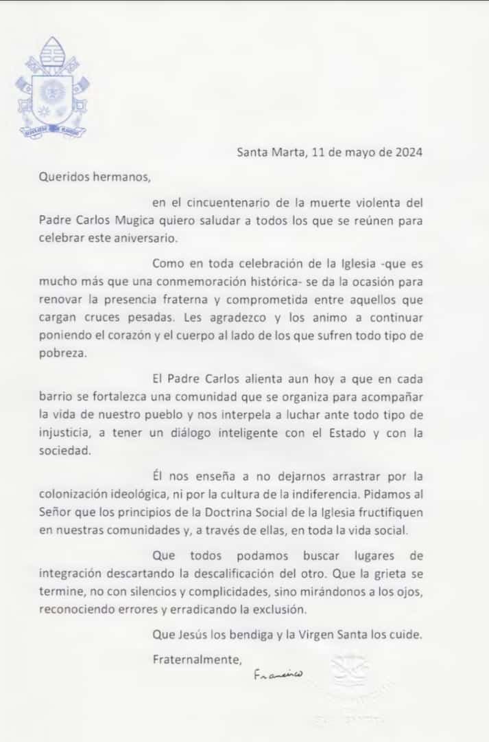 FactorFrancisc0's tweet photo. CARTA DE FRANCISCO POR LOS 50 AÑOS DEL MARTIRIO DE MUGICA ❤️🔥🇦🇷🌞 #Mugica #MugicaVive #Mugica50 https://t.co/FanjDG5mzS