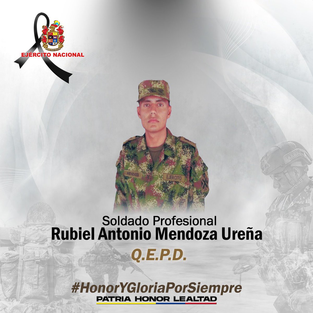 Rechazamos el asesinato de nuestro soldado profesional Rubiel Antonio Mendoza Ureña, mientras adelantaba operaciones militares para proteger a la población de la vereda Chapinero, #Huila. Extendemos nuestras condolencias a sus familiares y amigos. #HonorYGloriaPorSiempre