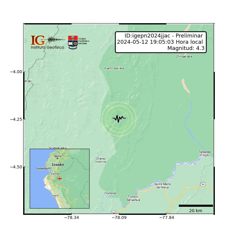 IGecuador's tweet photo. #SISMO ID:igepn2024jjac Preliminar 2024-05-12 19:05:03 TL Magnitud: 4.23 Profundidad: 5 km, a 88.2 km de Yantzaza, Zamora Chinchipe, Latitud: 4.247 S Longitud:78.085 W Ecuador. Sintió este sismo? https://t.co/4z3ih5bj01