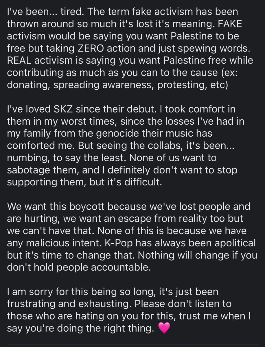 i highly suggest everyone to read this, a Palestinian stay reached out to me to share their thoughts. Palestinian voices are the ones we should be listening to, and not speaking over them. i will attach ss for anyone who wants to read but the tweet is the direct link