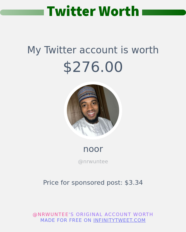 nrwuntee's tweet photo. My Twitter worth is: $276.00

➡️ https://t.co/TTIiQt3PBN https://t.co/HaF3r5ahGj