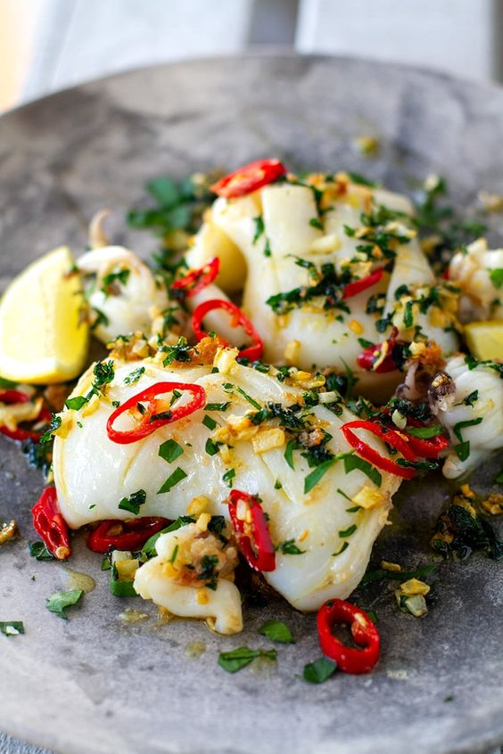 Grilled Squid With Garlic, Chili & Parsley