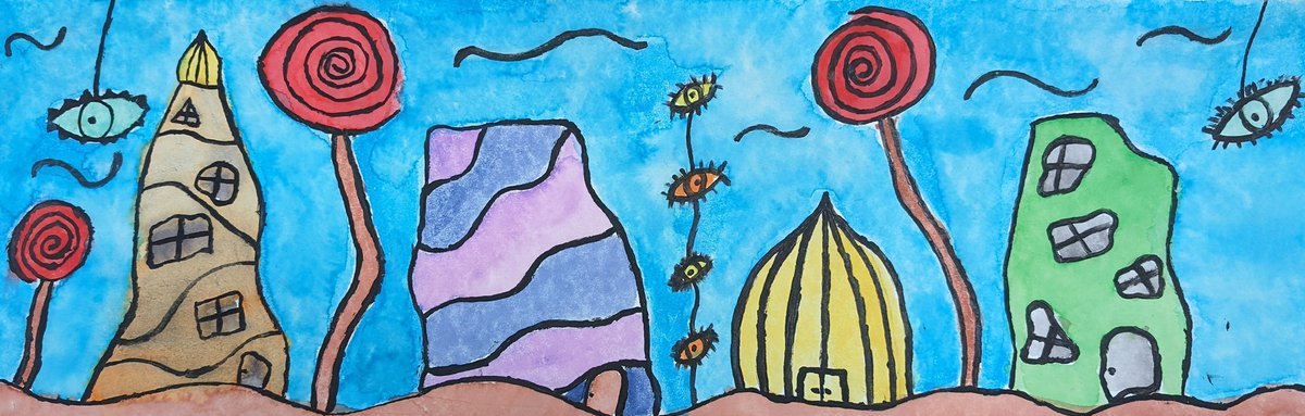 Art I created a fantasy world watercolor painting adding onion domes, lollipop trees, organic shapes, curved lines, and an eye after learning about the artist Hundertwasser. ❤️ @JDrugan_K8 #Team_SISD