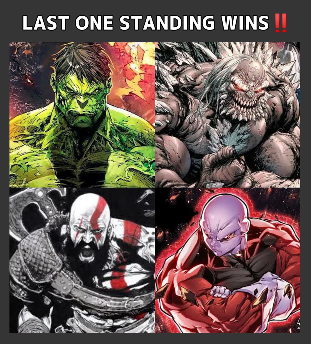 Who is the last one standing ⁉️💥

#hulk #doomsday #kratos #jiren #comic #anime #manga #godofwar #dbz #marvel #dc #dceu #mcu #whowouldwin