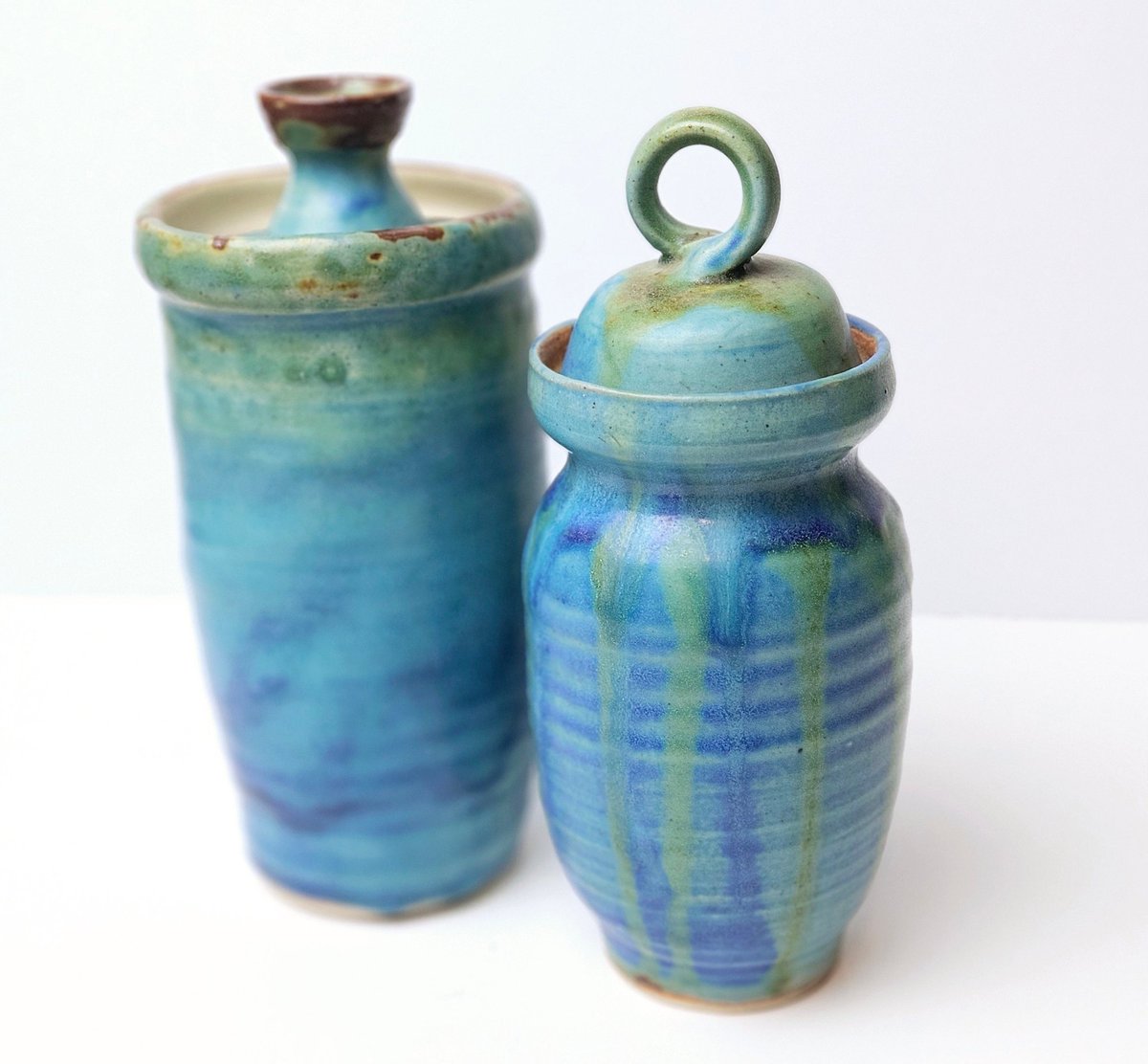 Pair of vintage stoneware turquoise jars  aycarambagifts.etsy.com/listing/173029…