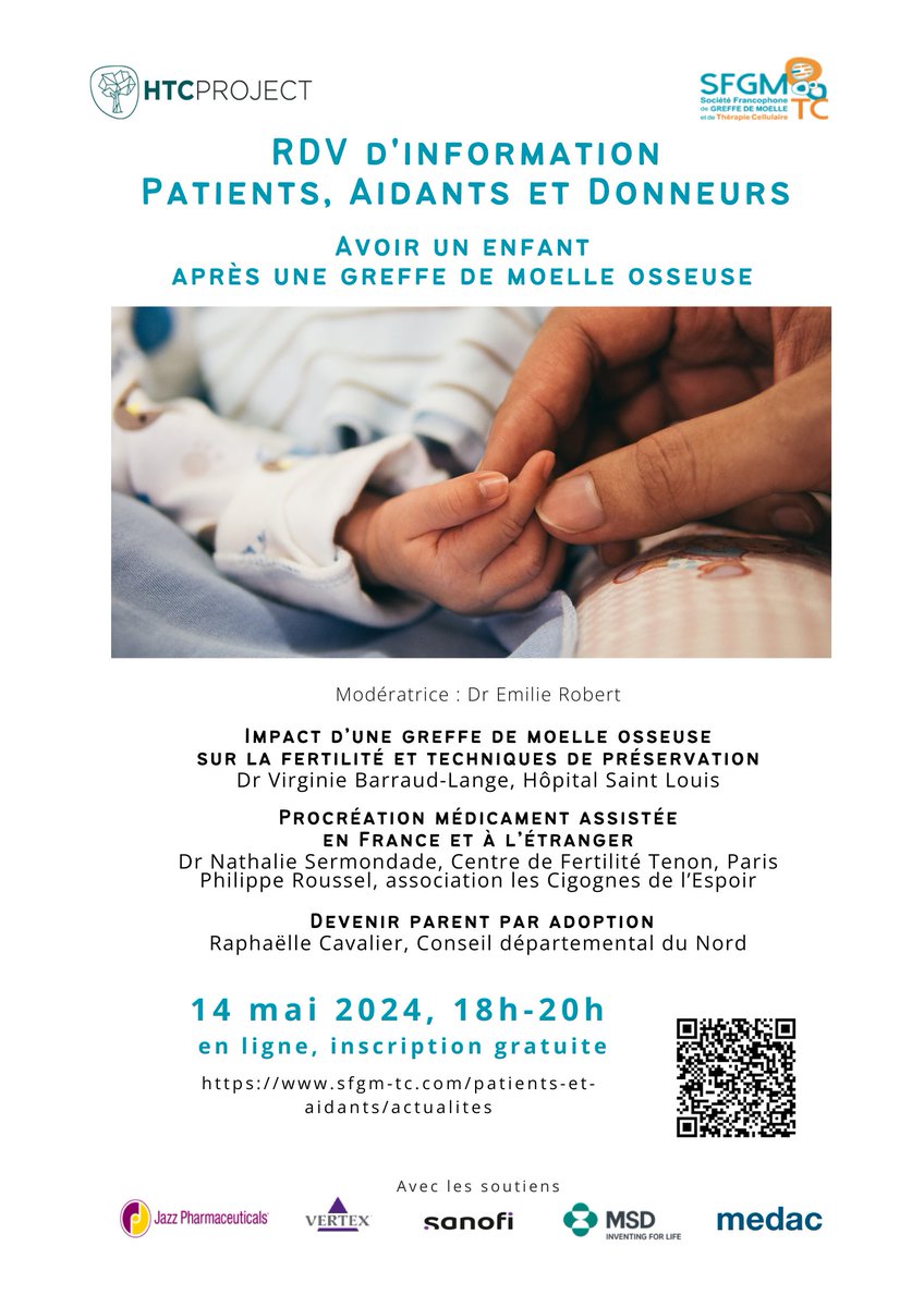 Pourquoi la #greffedemoelleosseuse rend stérile 🤷‍♀️ ? Quelles sont les options de #préservationdefertilité et quel est le parcours de #pma en France ? Nous en parlons demain 14 mai 18h-20h avec la @SFGM_TC ✍️ Inscription gratuite pour recevoir le lien Zoom sfgm-tc.com/patients-et-ai…