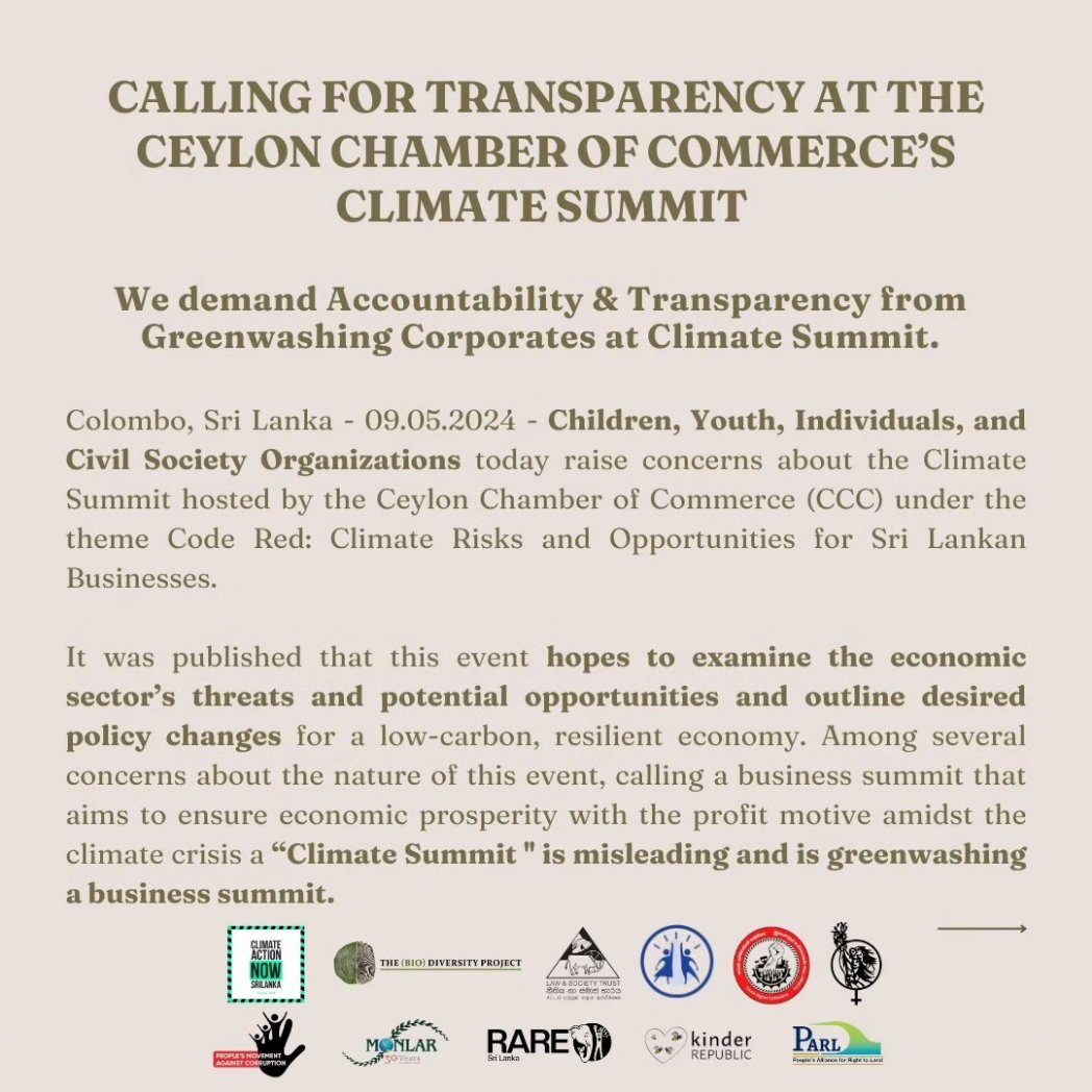 cansrilanka's tweet photo. @CeylonChamber held a summit 2 discuss business threats &amp; opportunities amidst #ClimateChange having @Nestle as a sponsor. Drawing #ClimatePolicy should b inclusive of children, farmer fisher folks, women &amp; more without allowing #Greenwashing 4 polluters
https://t.co/Bp2YOK5min https://t.co/WabuAuhekp
