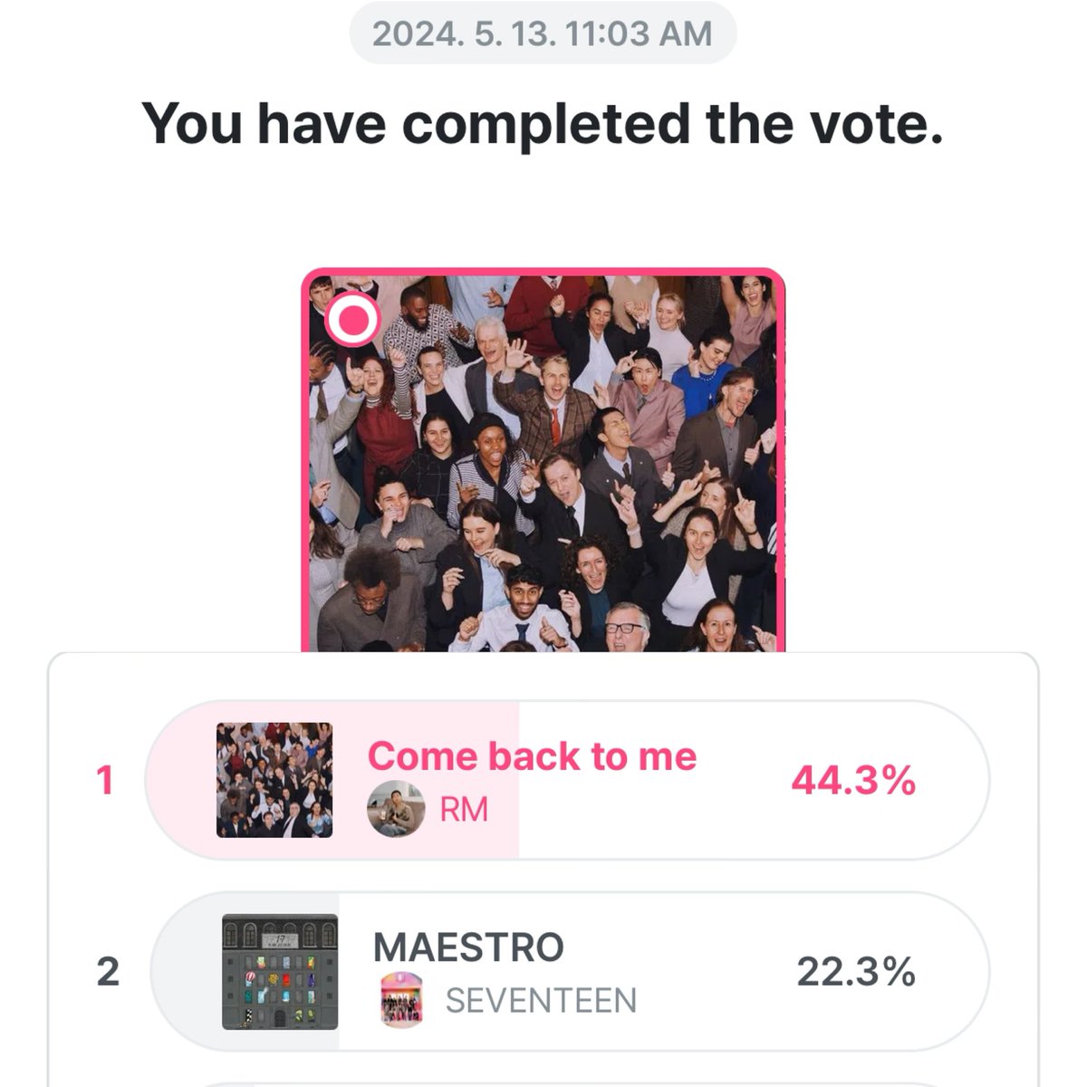 ARMY! VOTE FOR COME BACK TO ME BY RM! mnetplus.world/community/vote… Ends :- 13th May 11:59 PM KST