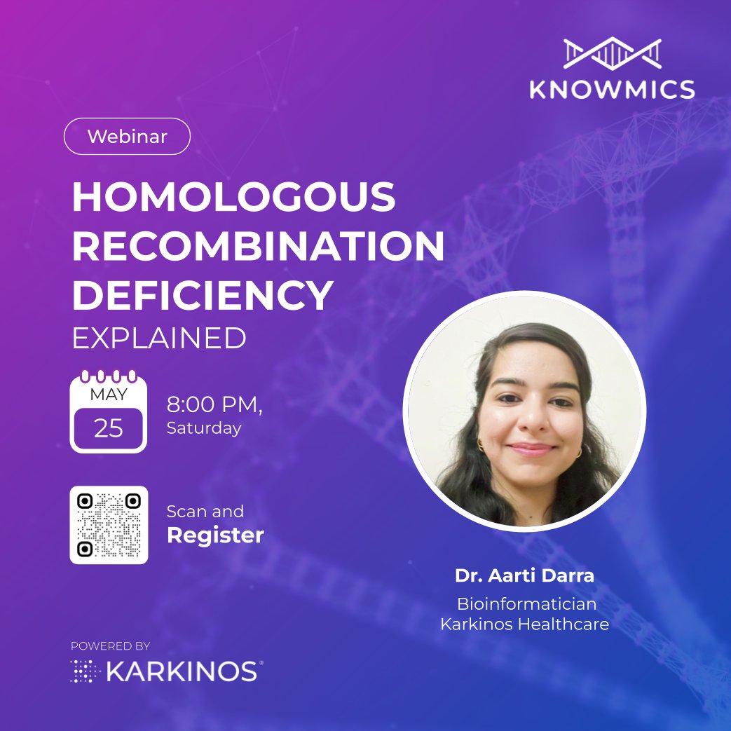 ↗️ Did you know Homologous recombination deficiency (HRD) is present in ~17% of solid tumors? Join the #Knowmics session by Dr Aarti Darra, @karkinoshealth on the nuances of HRD 📅 Saturday, 25th May, 2024 | 🕒 8.00 M to 9.00 PM (IST) Register Now: forms.gle/aDZe3spdnyTaTB…