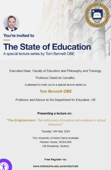 FREE public lecture on classroom behaviour and behaviour management to be given by Professor Tom Bennett OBE, tomorrow evening, May 14 from 6:00 to 7:30 pm. Register here to attend: bit.ly/3UUaxzx #education #behaviourmanagement #issues #discussion