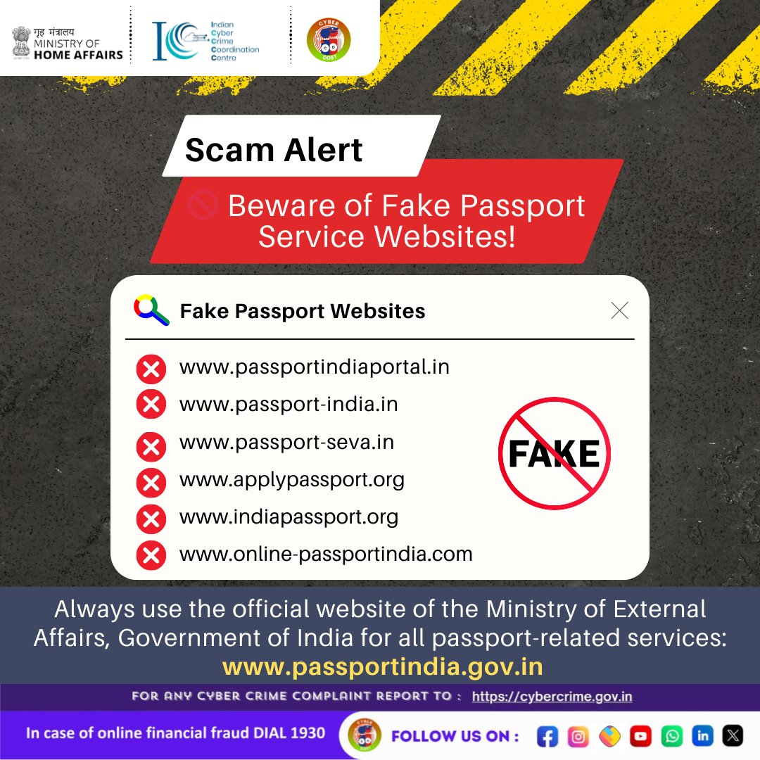 Stay secure, stay sure: Always use the official passport site passportindia.gov.in Don’t let fake sites lead you astray! @MEABharat #I4C #MHA #Cyberdost #Cybersecurity #CyberSafeIndia #CyberSafeTips #CyberSecurityAwareness #Stayalert #fraud