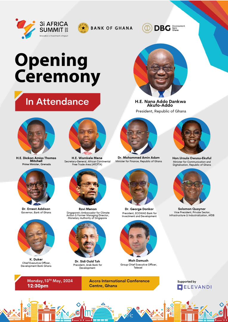 With excitement, we unveil the prestigious Opening Ceremony of the #3iAfricaSummit, where distinguished state officials, central bank governors, and the esteemed President of Ghana will grace this momentous occasion with their presence. 🌟

 #Innovation #Impact #Investment