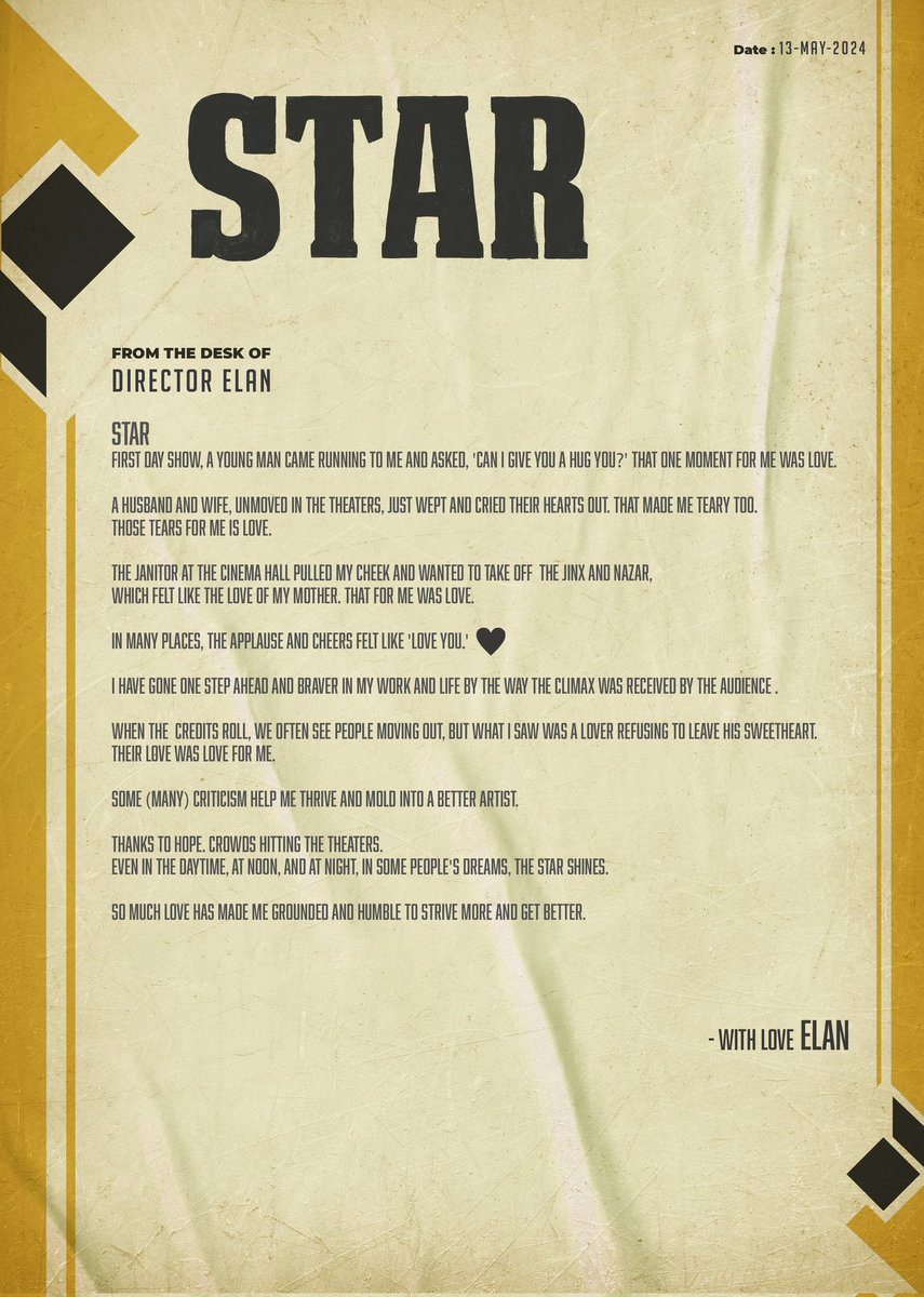 #STAR - director @elann_t's thanks note to all the audience for the love they've showered on the film ❤️ The #BlockbuSTAR, now running successfully in theatres!