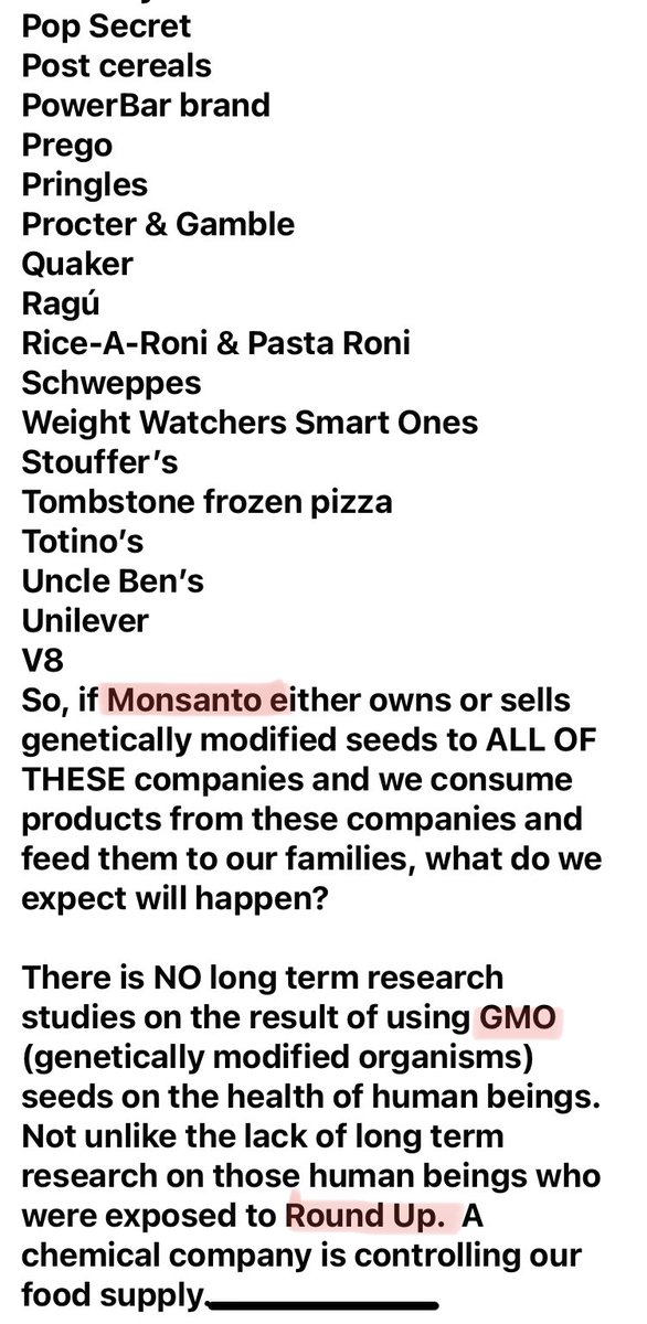 Everyone needs to pay attention to what you are Consuming. (Click pics.)
#Monsanto #Bioengineering all foods. 
Just look at this list!!
{You need a garden, they are trying to depopulate the human race.Bake your own Bread, Foods, & grow veggies you like.}
@Prolotario1 , @NotOpCue