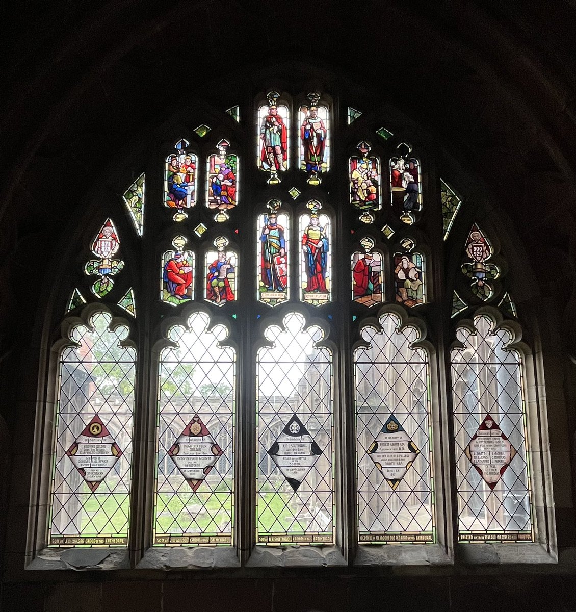 War memorial window. The cloisters, Worcester Cathedral, Worcester, Worcestershire. Contains five tributes commemorating people who died in the Great War. #LestWeForget