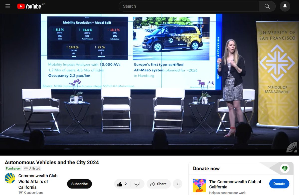 This was a very good program from @usfca Professor @billyriggs on urban robotaxi progress and outlook last Friday, at the Commonwealth Club in San Francisco and online. Captured on video to be posted later, probably here: usfca.edu/management/eng… Some screen grabs from Friday: