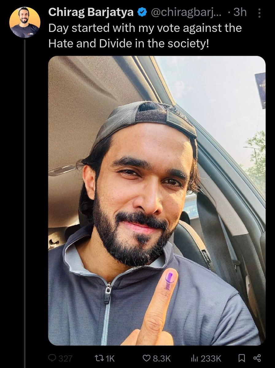 He is Chirag Barjatya, a popular fitness influencer. Today he shared a tweet after voting, “I voted against hate & divide in society” Soon BJP supporters started attacking him for not voting for BJP, calling him Modi hater & Anti-Hindu 😂 Ultimately he had to switch off his…