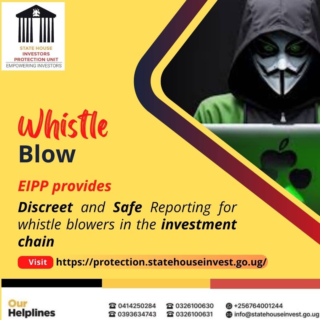 Investors can safely & discreetly whistle-blow using the Electronic Investors Protection Portal (protection.statehouseinvest.go.ug) without revealing their identity. EIPP also gives them the chance to track progress of their complaint as @ShieldInvestors works on it. #EmpoweringInvestors