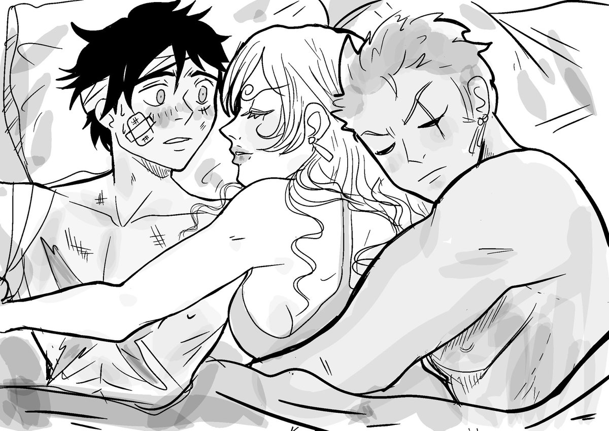 Luffy woke up just to find Sanji’s embrace. She and Zoro have had fallen asleep while taking care of the injuries he got in his last fight.  She was holding him in her sleep so close he could smell her sweet breath.

#ZoSan  #ワンピース #サンジ  #ロロノアゾロ  #Sanji #Zoro #Lusan