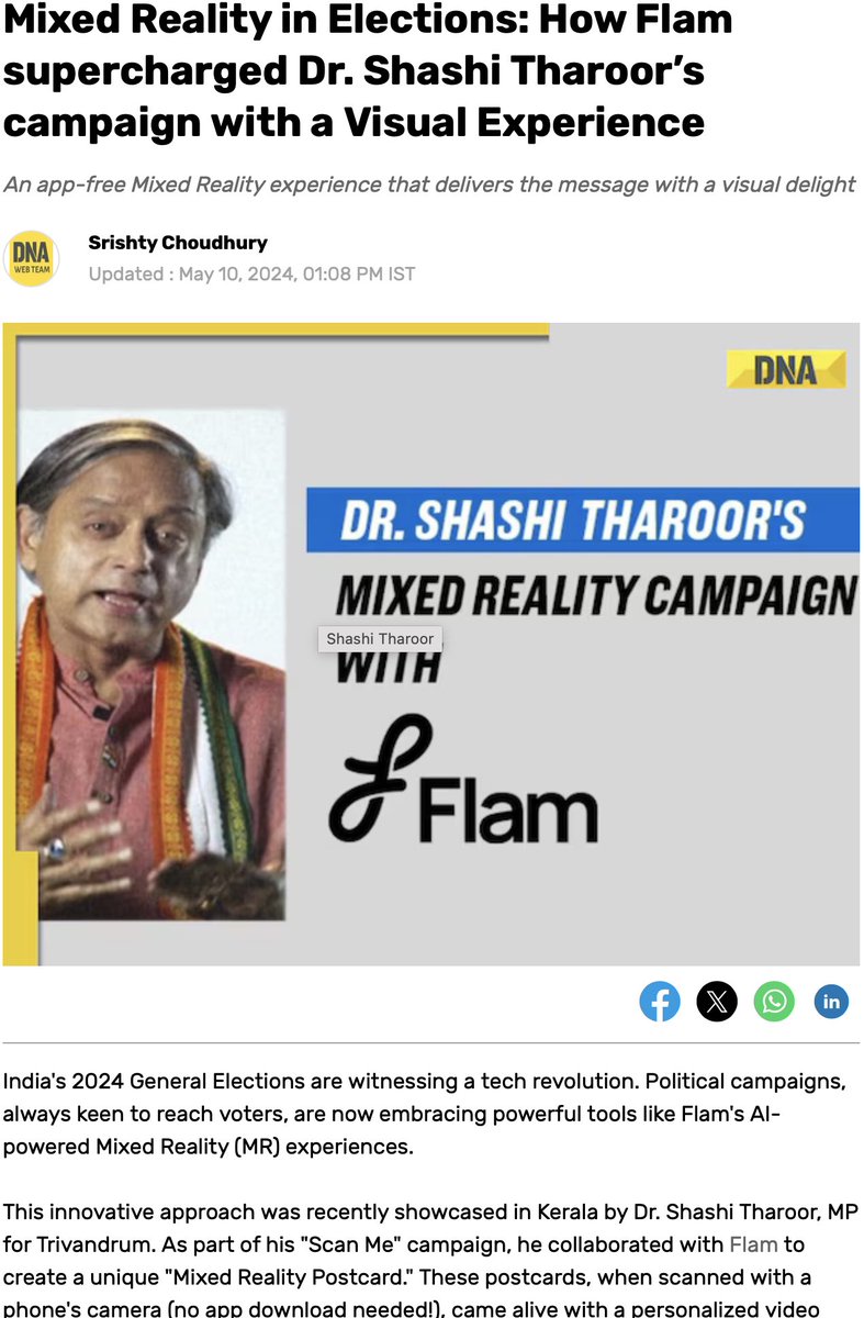 In the news once again! 

Featured on @dna for our mixed reality experience with Dr. @ShashiTharoor’s ‘Scan Me’ campaign. 

#MRtharooronflam #flam #mixedreality