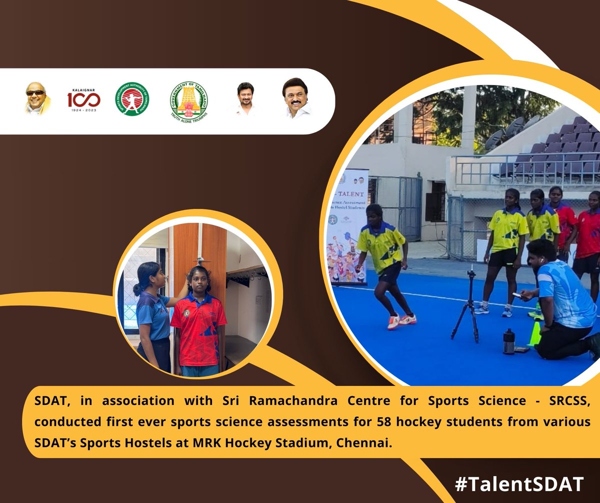 SDAT, in association with Sri Ramachandra Centre for Sports Science - SRCSS, conducted first ever sports science assessments for 58 hockey students from various SDAT’s Sports Hostels at MRK Hockey Stadium, Chennai.

@CMOTamilnadu | @Udhaystalin | @Dayanidhi_Maran | #TalentSDAT