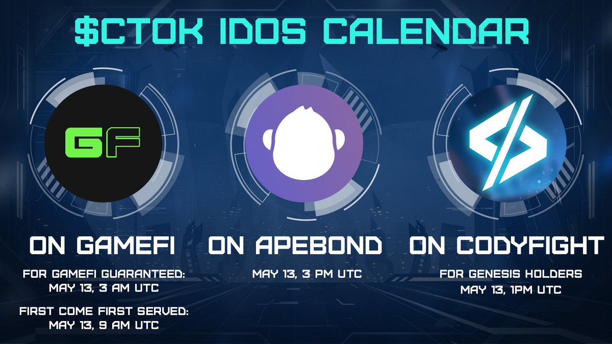 Web3_Protocol's tweet photo. "📅 $CTOK IDOs on May 13:
@GameFi_Official for guaranteed members, followed by FCFS.
@codyfight for Genesis Holders with a 10% bonus.
@ApeBond launching soon.
#CTOK #IDO #GameFi #Crypto #Blockchain #ApeBond #Web3Protocol https://t.co/KiDhkwkSEI