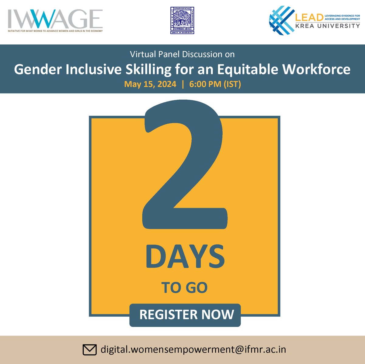 📢2 days left! Bridging skill gap to broaden women's occupational choices? Our panel 'Gender Inclusive Skilling for an Equitable Workforce' to argue on these issues. On 📅May 15 ➡️rb.gy/09wavz @NSDCINDIA @EfD_initiative @IWWAGEIFMR @WinEED_EfD @BMGFIndia @LEADatKrea