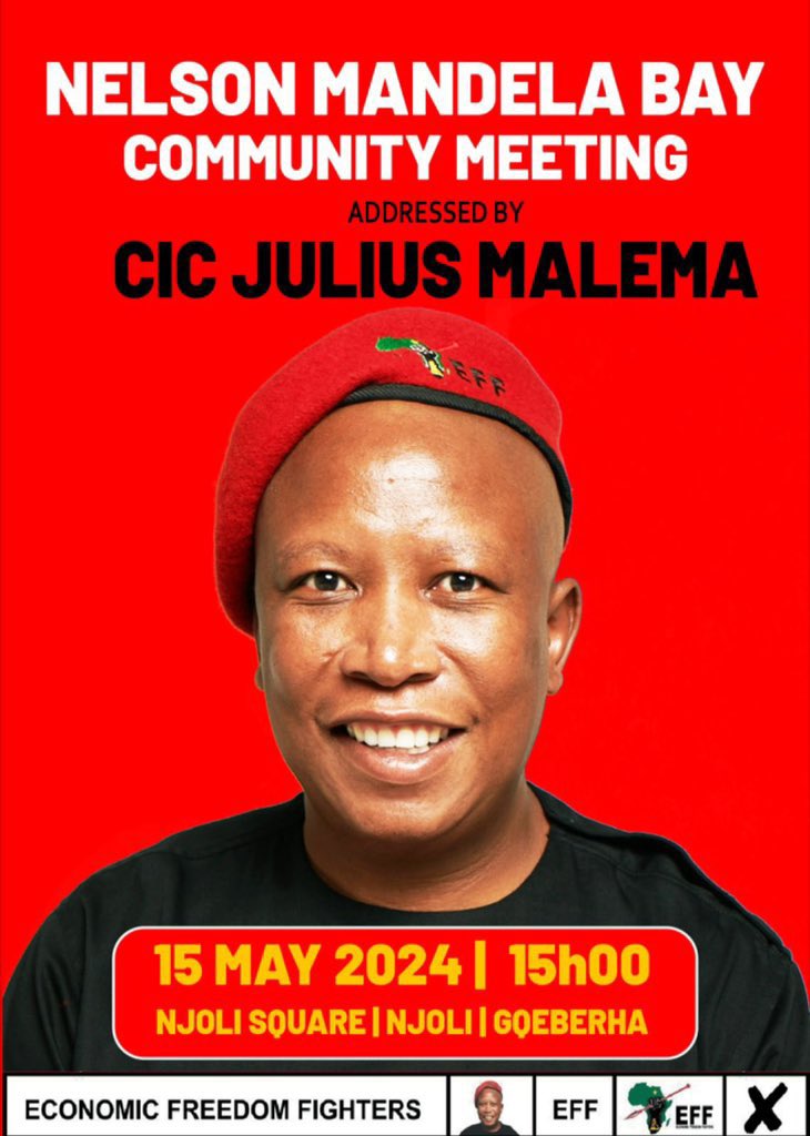 The CiC @Julius_S_Malema will address Community Meetings in the Eastern Cape (@EFFEASTERNCAPE_) on Tuesday and Wednesday. The Tuesday Meetings will be in Mthatha (KSD Municipality) and Butterworth (Mnquma Municipality). The Wednesday Meetings will be in Port Alfred (Ndlambe…