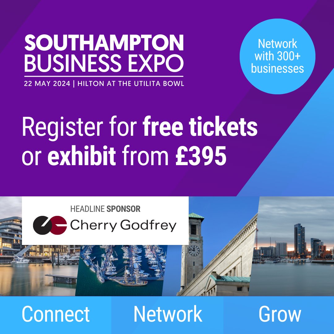 Tickets for the Southampton Business Expo, sponsored by Cherry Godfrey, on 22nd May are fast becoming limited, so register for your FREE tickets right away! 🎫 b2bexpos.co.uk/event/southamp… #SouthamptonExpo #Business #Networking #Biz