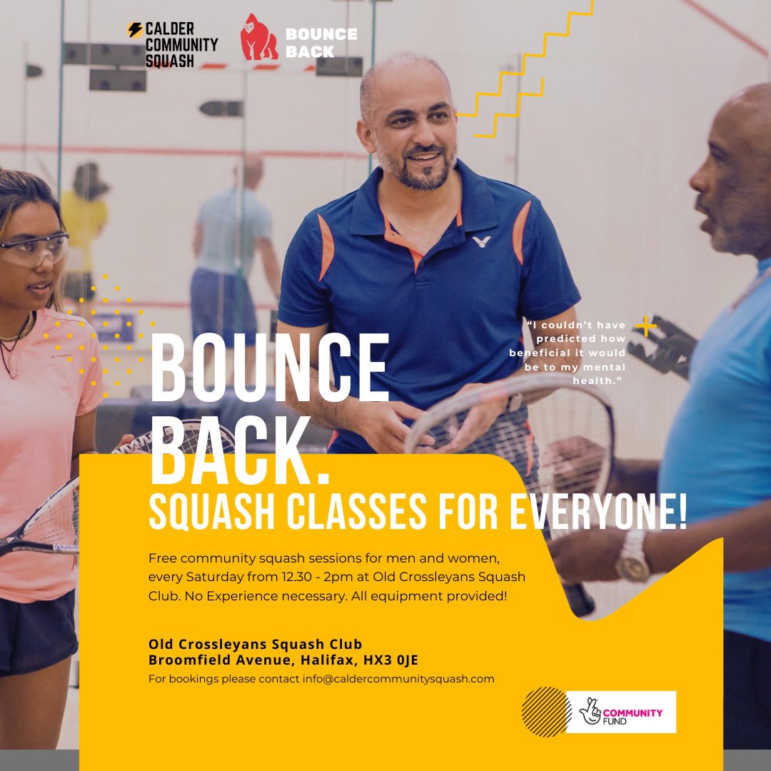 Our Bounce Back sessions our fully funded by the @TNLComFund and take place every Saturday from 12.30-2pm. No prior experience of playing squash necessary. Just the desire to try something new in a friendly and informal setting. Get in touch👇 info@caldercommunitysquash.com