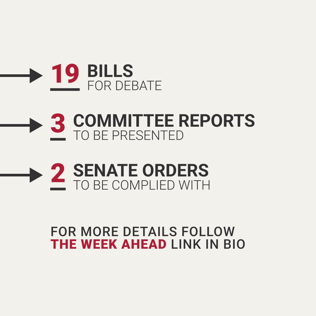 We have three days of sitting starting tomorrow. 19 bills for debate 3 committee reports to be presented 2 Senate orders to be complied with Oh, and a budget. Find more details of what business has been scheduled on our website bit.ly/wkahead