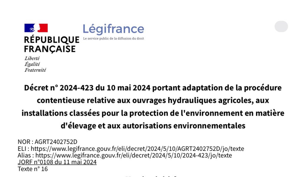 ✅ Engagement pris, engagement tenu Le @gouvernementFR s’était engagé à simplifier le quotidien des agriculteurs. Le texte accélérant les contentieux administratifs contre les projets agricoles et ouvrages hydrauliques vient d’être publié. ⤵️ legifrance.gouv.fr/jorf/id/JORFTE…