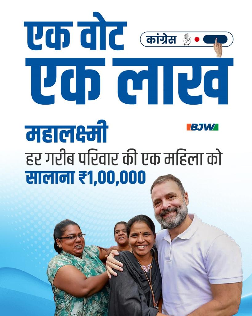 Congress pledges to empower women by providing them Rs 1 lakh as financial assistance. 
A step towards eradicating financial struggles for women in poor and marginalized communities. 
🤚 
#EkVoteEkLakh