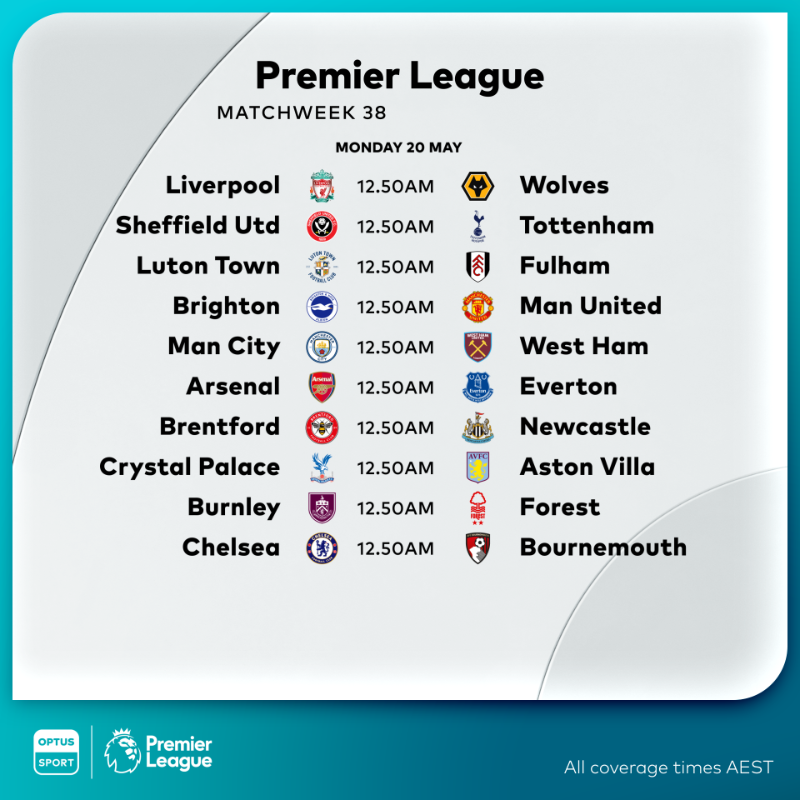 StanSportFC's tweet photo. It all comes down to this: The final week of the Premier League season 🏆

Watch every match of the Premier League, only on Optus Sport.
T&amp;Cs apply.