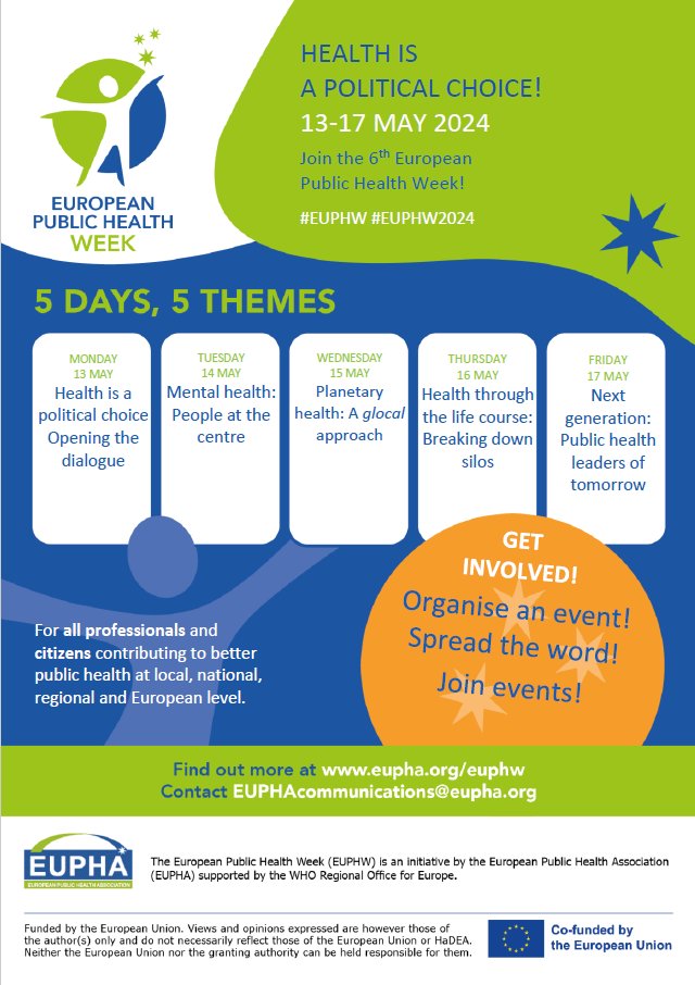 Today begins the 6th #EuropeanPublicHealthWeek #EUPHW 👉5 days, 5 themes, 5 kickoff webinars 👉A high-level panel and many events all over Europe Join us and have your say! #UseYourVote #Vote4Health #HealthUnion #EUPHW2024 eupha.org/EUPHW