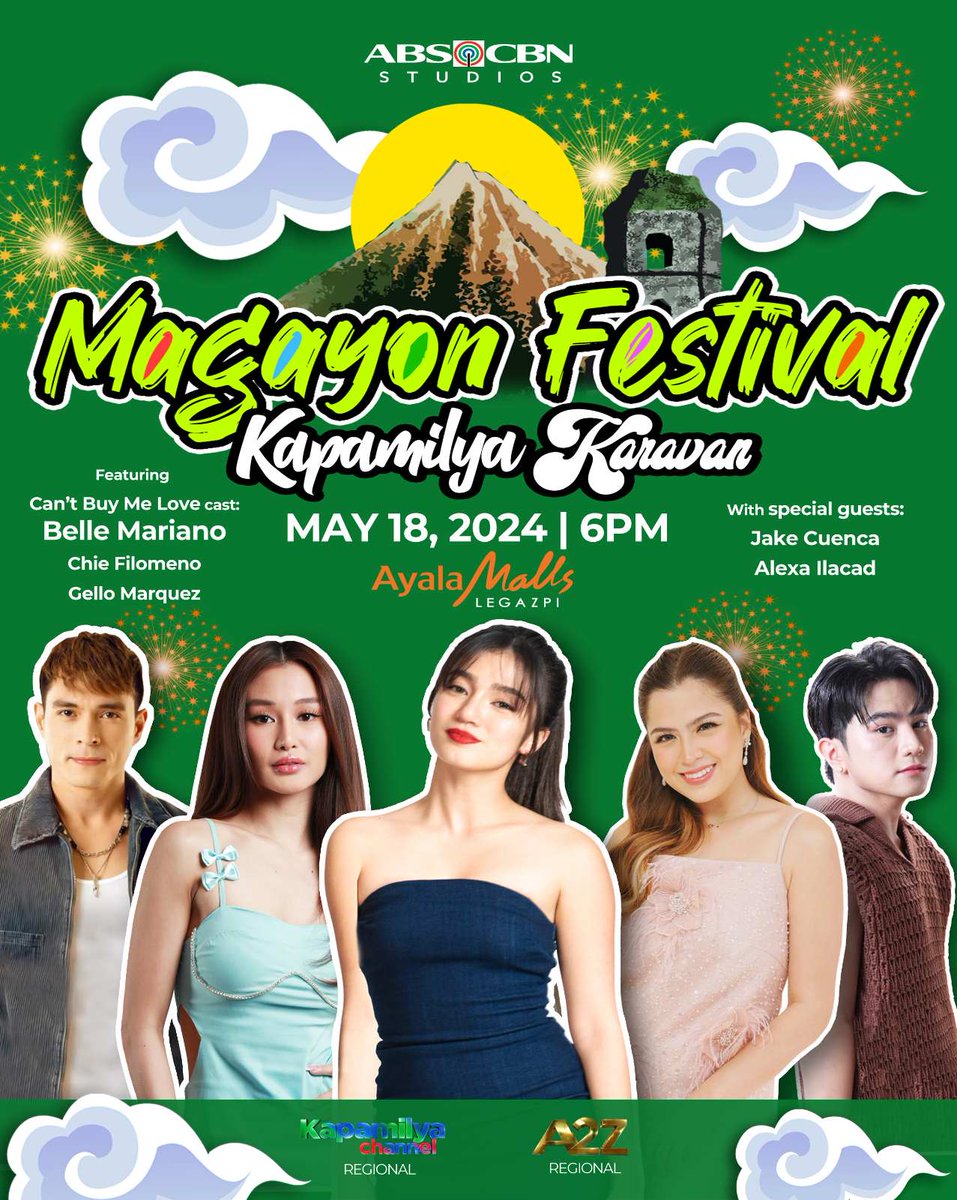 Mga Kapamilyang Oragon! Happy Magayon Festival! Makiogma ngonian na maabot na Sabado, May 18, 2024, ala sais nin banggi. Sa Ayala Malls Legazpi!

kaiba sina <a href="/alexailacad/">Alexa Ilacad ☾</a>, #JakeCuenca With the cast of CAN'T BUY ME LOVE na sina #GelloMarquez, <a href="/ChieFilomeno/">Chienna Filomeno</a> and <a href="/bellemariano02/">Belle Mariano</a>!
