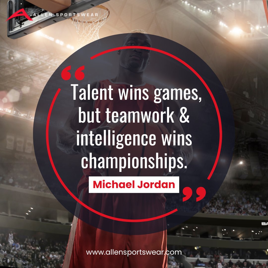 AllenSportswear's tweet photo. Talent wins games, but teamwork and intelligence wins championships.
- Michael Jordan

#allensportswear #teamwork #intelligence #ChampionshipMindset #sucessquotes #sportsmotivation #sportschamp #playinstyle https://t.co/2cRxNjztKl