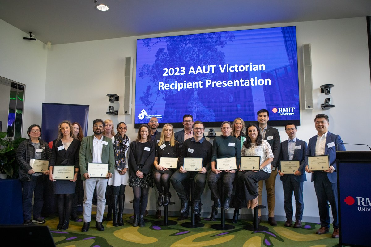 AAUTnetwork's tweet photo. 🎉Well done to all the outstanding educators from Victorian institutions recognised in the 2023 Australian Awards for University Teaching. Thank you to @RMIT for hosting & everyone who attended the celebration! #AAUT @uniaus @caullt https://t.co/O5OHTE32VO
