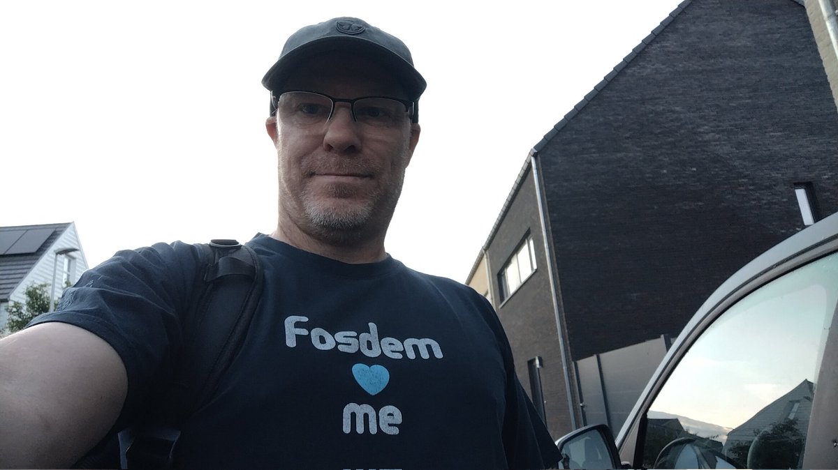 To the office in my 14 year old fosdem T-shirt