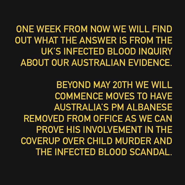 One week to go to find out whether we in #Australia who are also affected by the #InfectedBloodScandal have a chance for justice…

Beyond May 20th we are going to seek the prosecution of PM #AnthonyAlbanese for his decision to continue the #coverup and denial of aid.