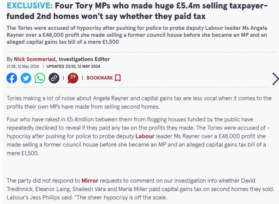 @GMB are you going to cover this? Just like you covered Angela Rayner….. 4 Tory MP’s selling property and not paying CGT. Allegedly……