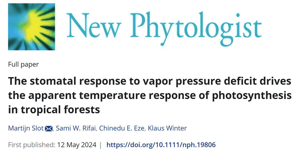 New paper @NewPhyt, with @Sami_Rifai, @Nedunsk15 & Klaus Winter. 'The stomatal response to vapor pressure deficit drives the apparent temperature response of photosynthesis in tropical forests' doi.org/10.1111/nph.19… (1/5)