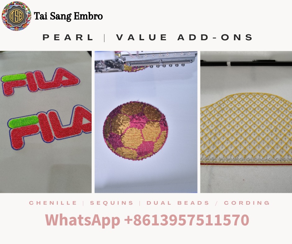 Enhance your embroidering business with PEARL Models featuring add-ons. Elevate your offerings with value-added devices on our tubular style embroidery machines. Contact your local garment machinery supplier for Tai Sang Embro machines or connect with our product consultants