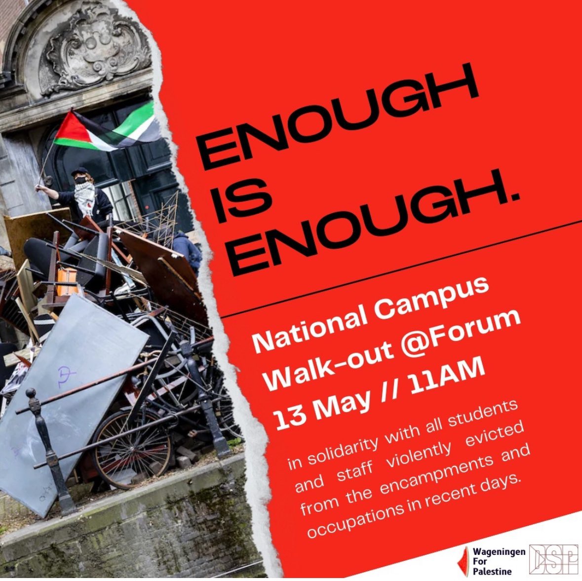 Ook in Wageningen @WUR doen wij vandaag mee met de nationale walk-out - om 11 uur, voor FORUM. In support voor de studenten aan de UVA en UU, en tegen het geweld in Gaza