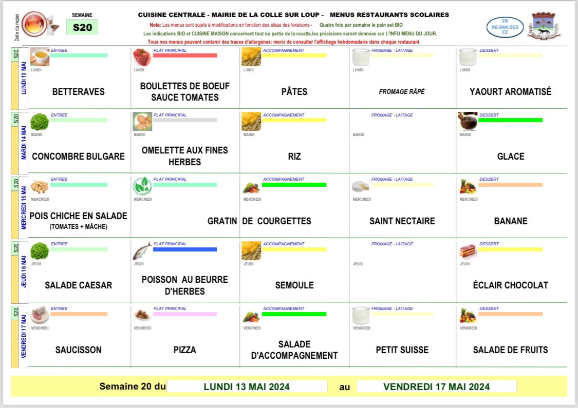 🥘 #Infos #Ecoles #LCSL Les menus de la cuisine centrale dans les restaurants scolaires pour la semaine du 13 au 17 mai 2024 à #LaColleSurLoup Fruits prévus, bananes🍌